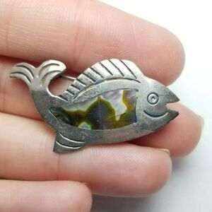 Vintage Fish Shape Brooch with Inlaid Mother of Pearl, Silver Tone Signed Mexico